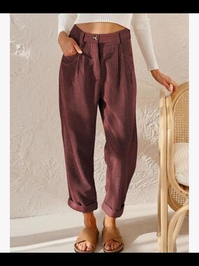 Women's High-Waist Wine Corduroy Tapered Trousers
